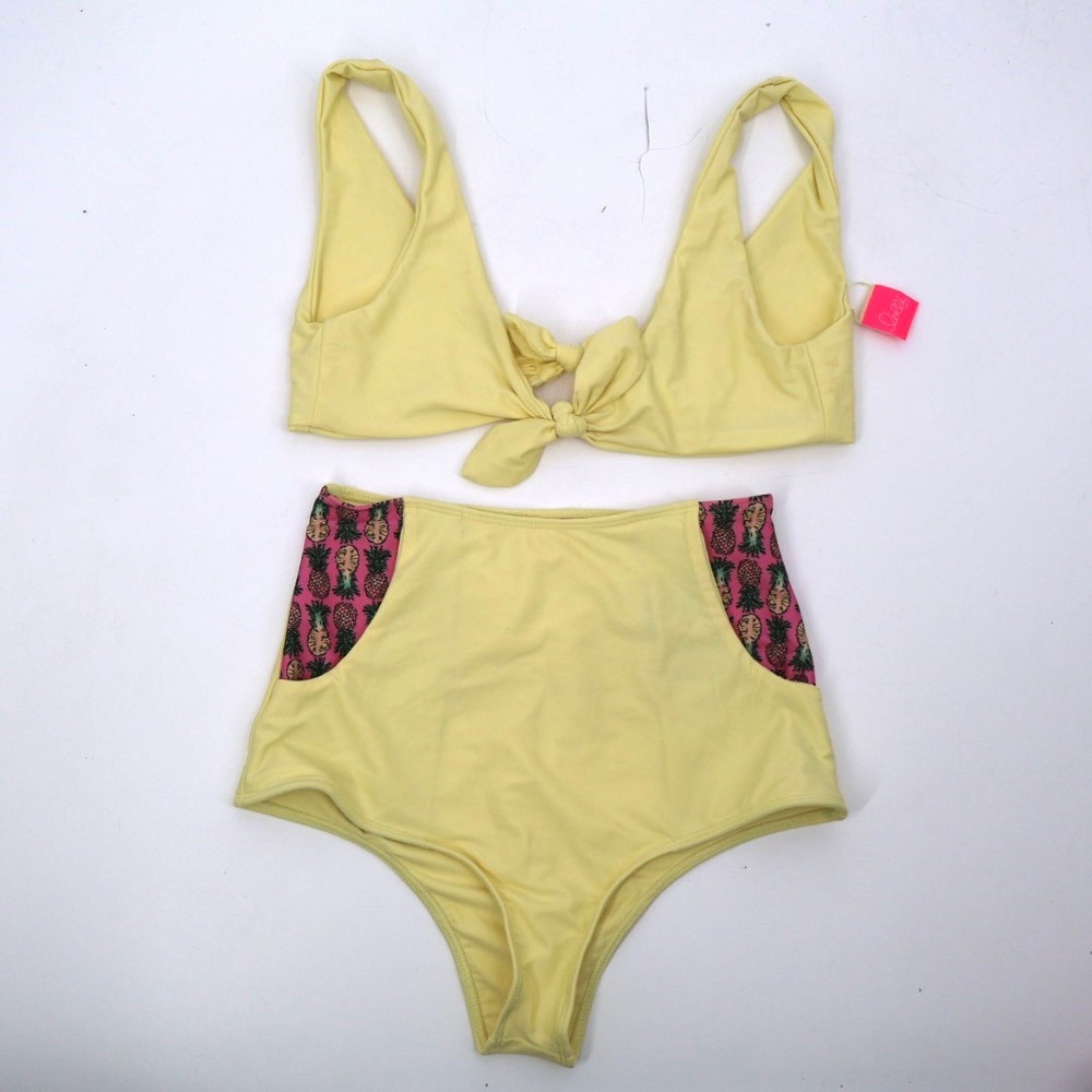 Lolli Butter Yellow High Rise Bikini‎ with Pineapples Tie Front Beach Retro KPop
